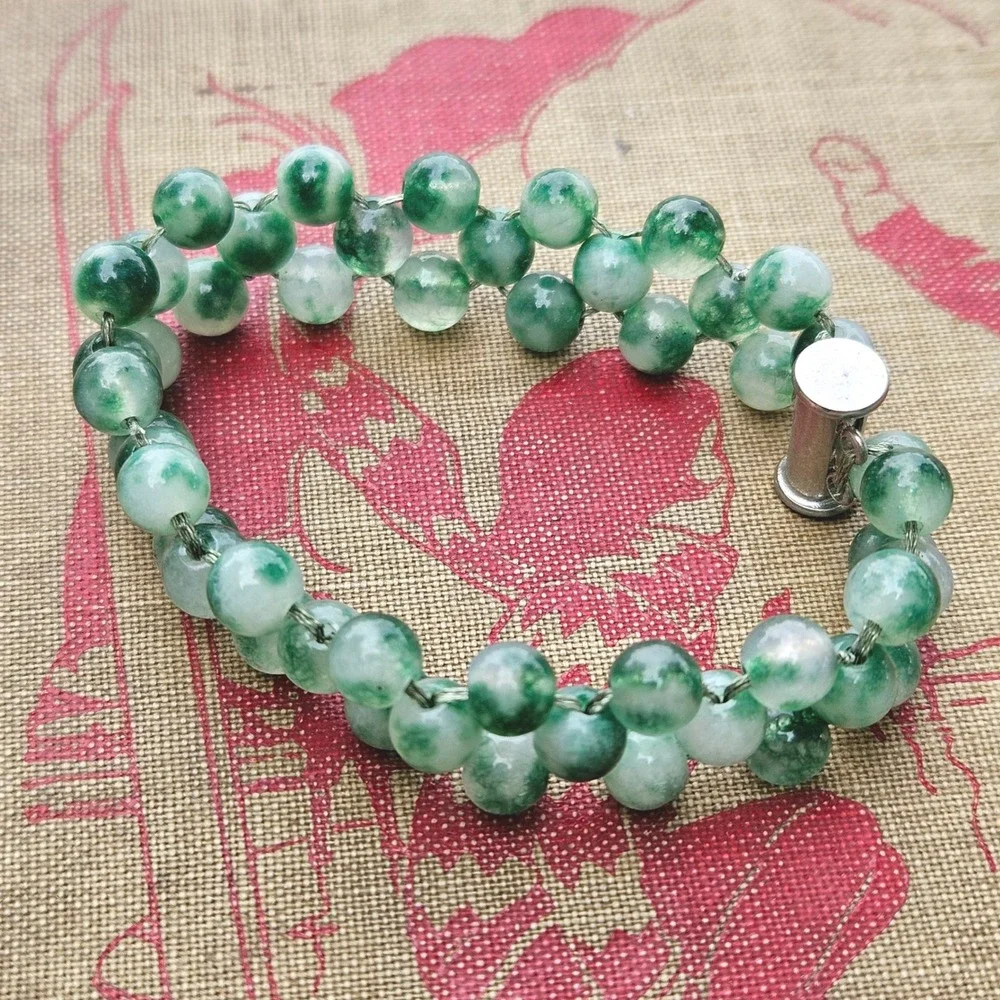 Green Mottled Jade Stone Strand Woven Bead Bracelet Silver Tone Clasp